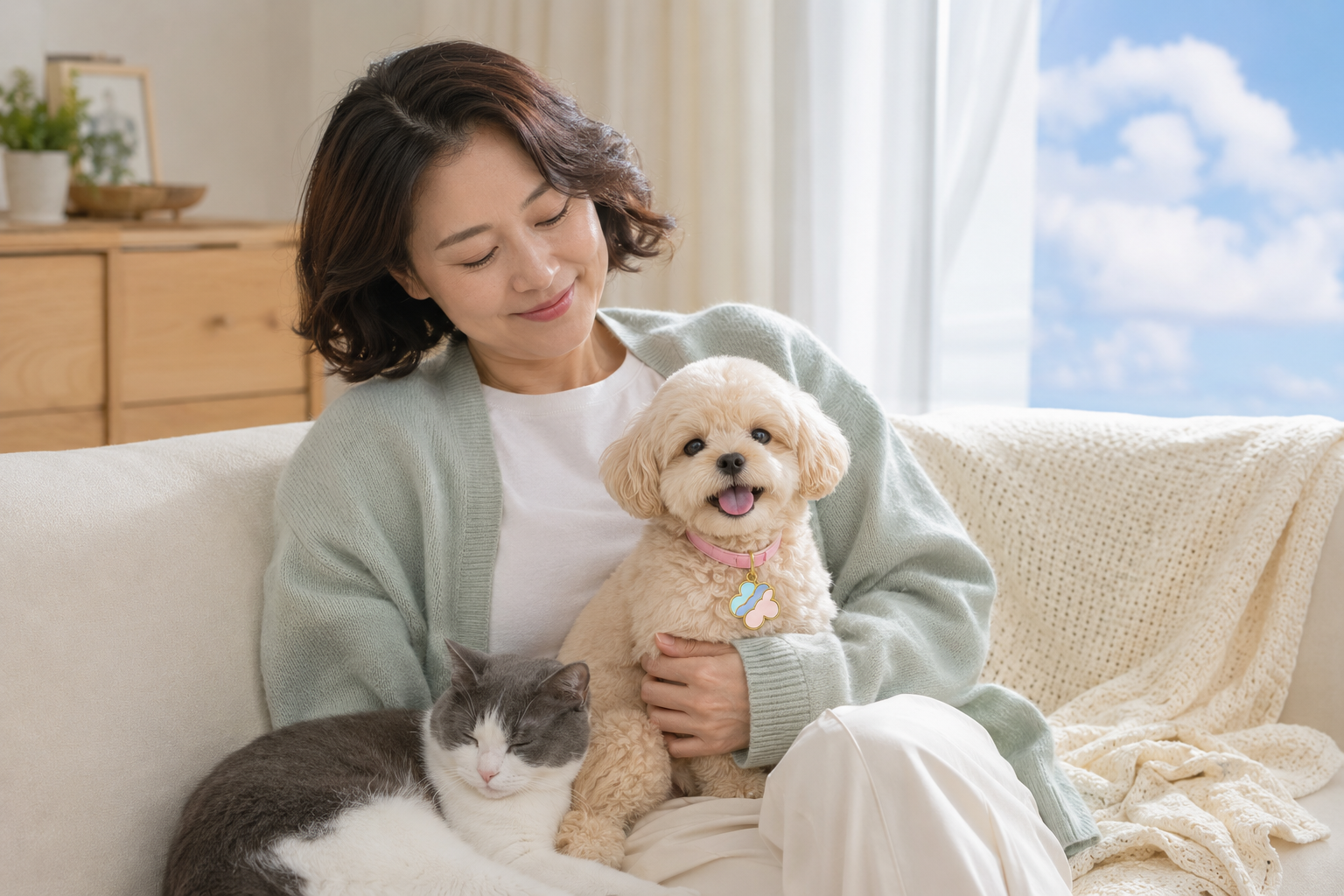 반려견과 반려묘를 품에 안은 보호자